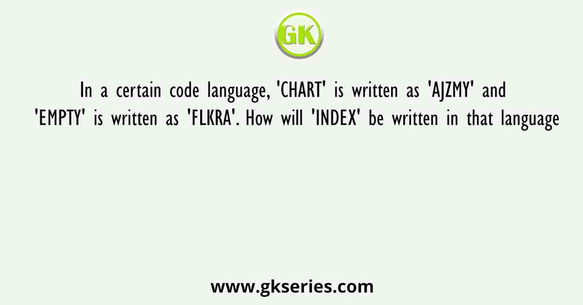 In a certain code language, 'CHART' is written as 'AJZMY' and 'EMPTY' is written as 'FLKRA'. How will 'INDEX' be written in that language