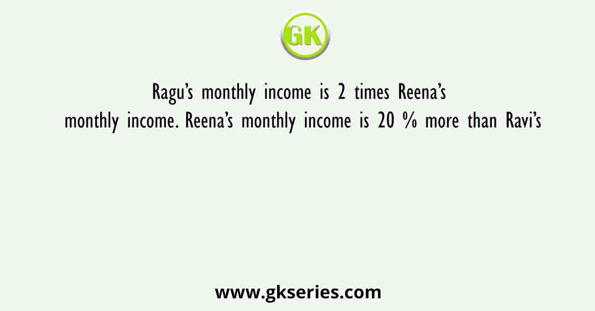 Ragu’s monthly income is 2 times Reena’s monthly income. Reena’s monthly income is 20 % more than Ravi’s