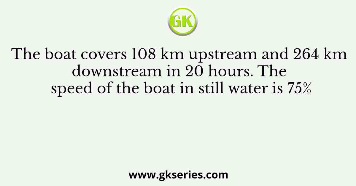 The boat covers 108 km upstream and 264 km downstream in 20 hours. The speed of the boat in still water is 75%