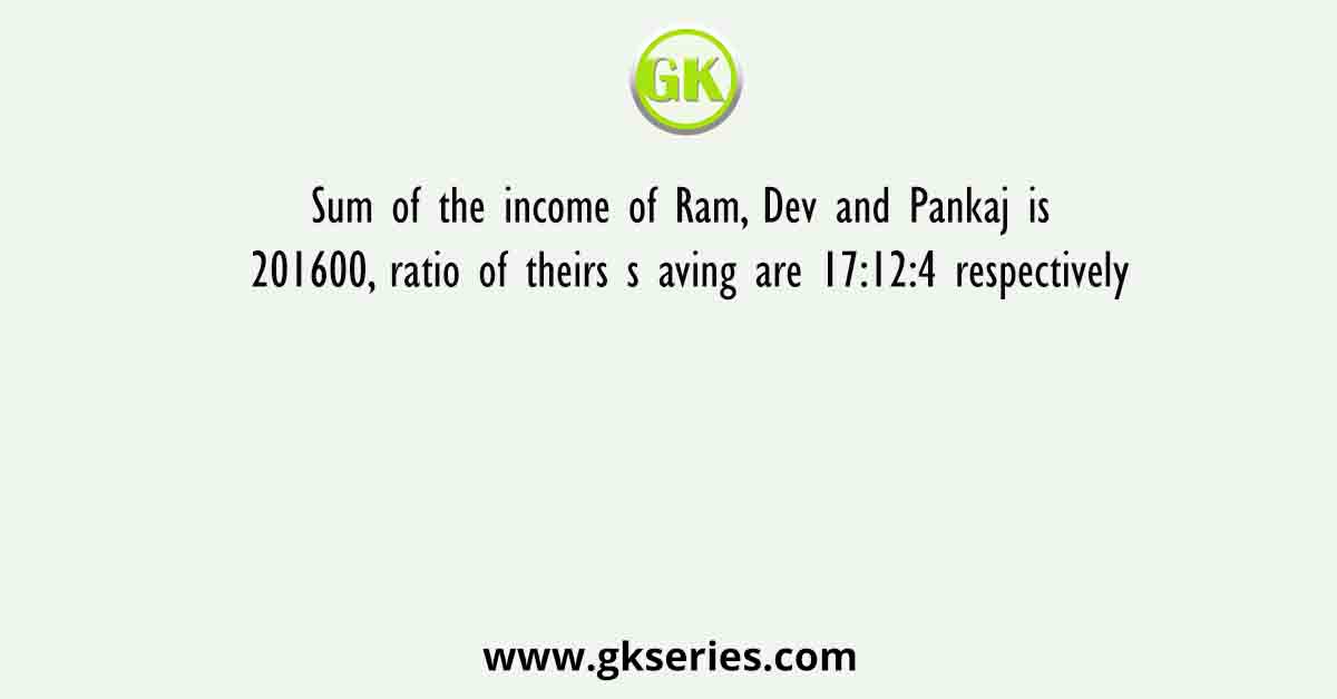 Sum of the income of Ram, Dev and Pankaj is 201600, ratio of theirs s aving are 17:12:4 respectively